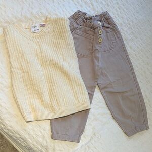 Girl-Zara Ivory Knit Sweater and Beige Trousers Set 3-4Y